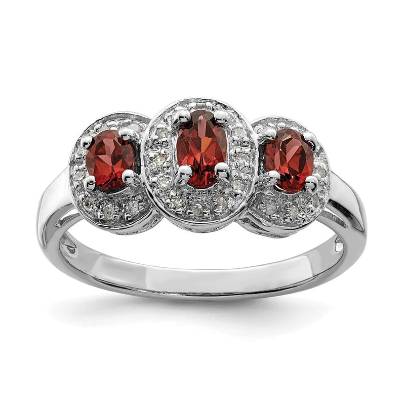 Sterling Silver Rhodium-Plated 3 Stone Garnet & Diamond Ring