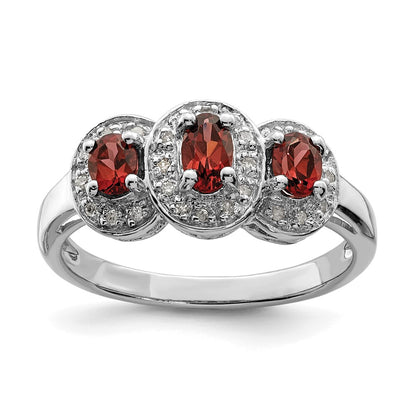 Sterling Silver Rhodium-Plated 3 Stone Garnet & Diamond Ring