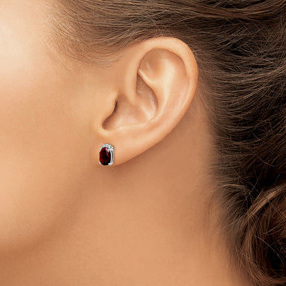 Sterling Silver Rhodium Plated Oval Garnet And Diamond Post Earrings