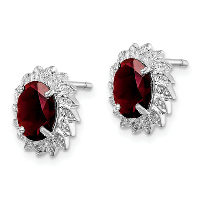 Sterling Silver Rhodium Plated Garnet And Diamond Post Earrings