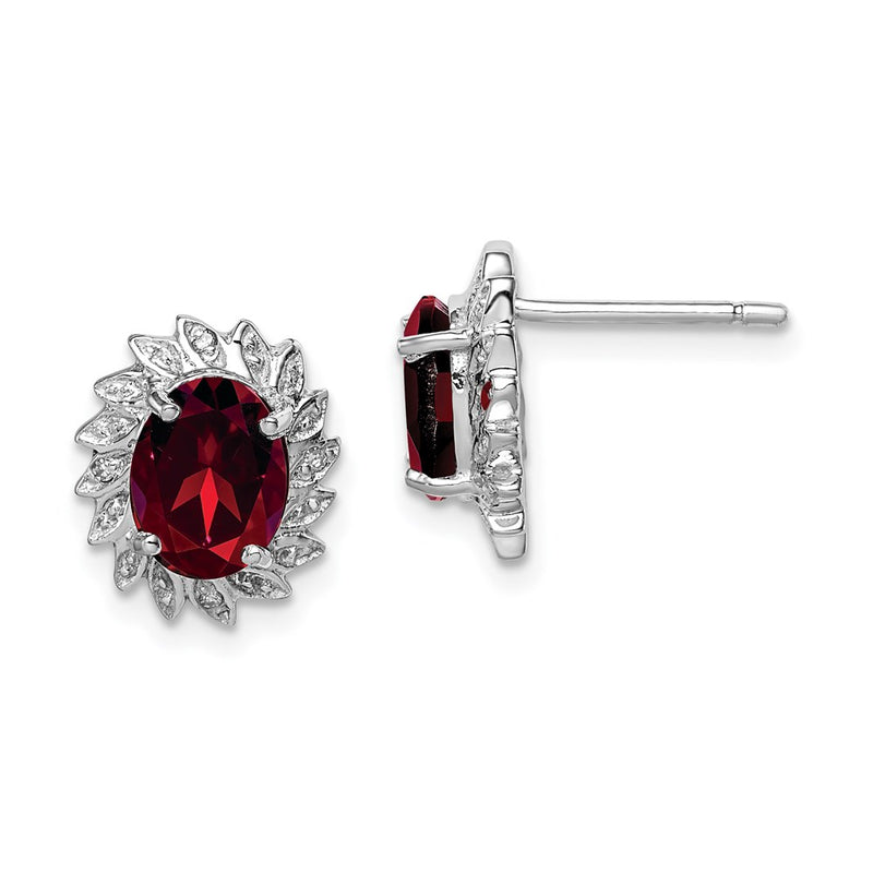 Sterling Silver Rhodium Plated Garnet And Diamond Post Earrings