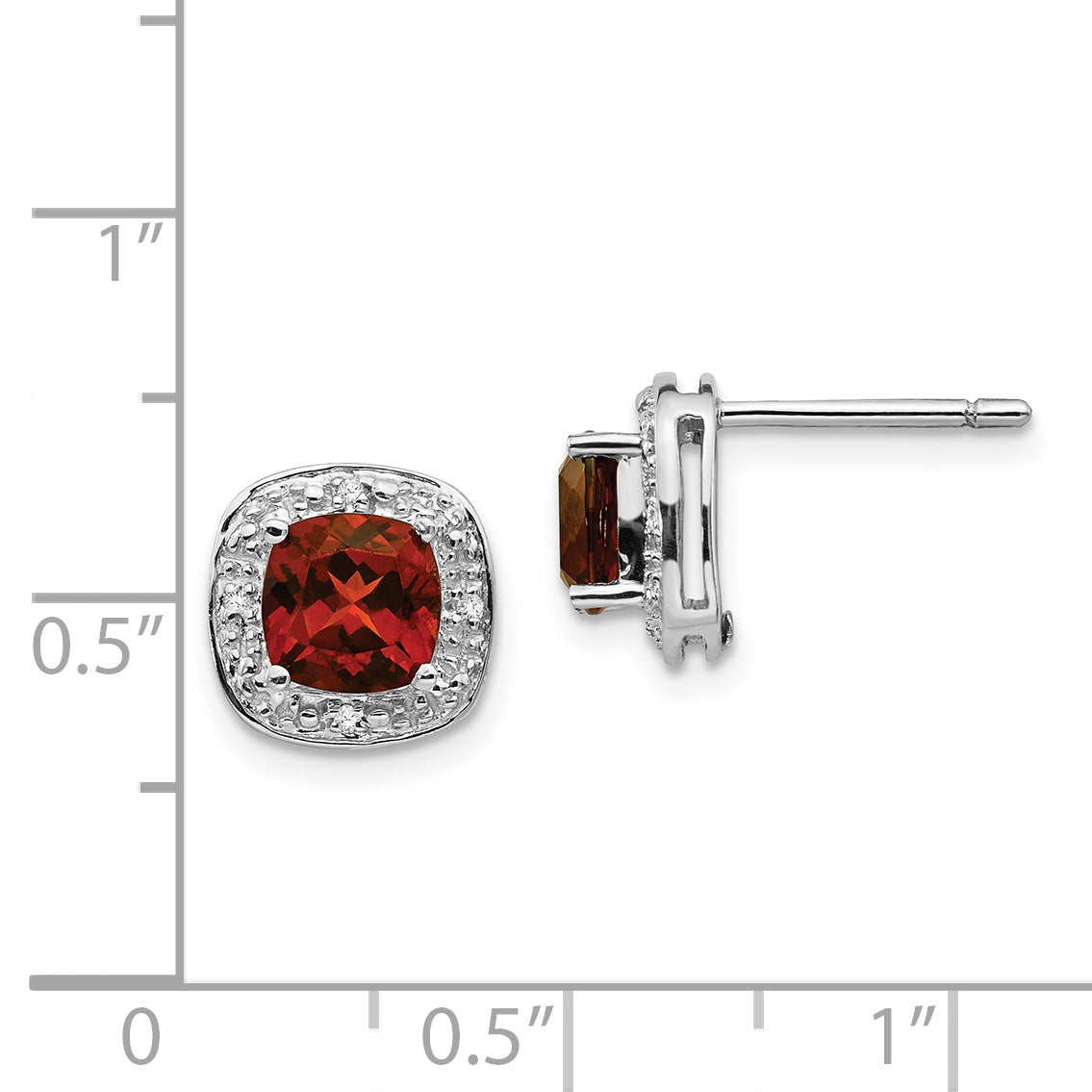 Sterling Silver Rhodium Plated Garnet And Diamond Post Earrings