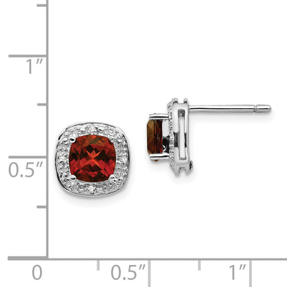 Sterling Silver Rhodium Plated Garnet And Diamond Post Earrings