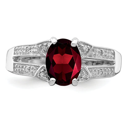 Sterling Silver Rhodium-Plated Garnet & Diamond Ring