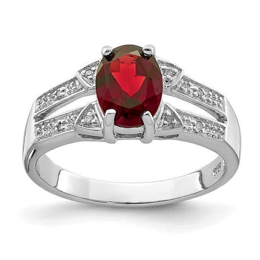Sterling Silver Rhodium-Plated Garnet & Diamond Ring