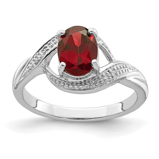 Sterling Silver Rhodium-Plated Garnet & Diamond Ring