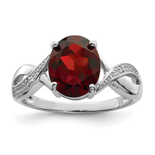 Sterling Silver Rhodium-Plated Garnet & Diamond Ring