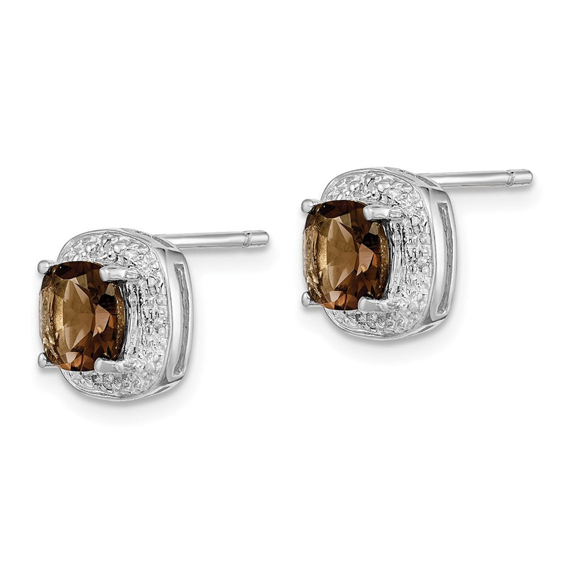 Sterling Silver Rhodium Plated Smoky Quartz And Diamond Post Earrings