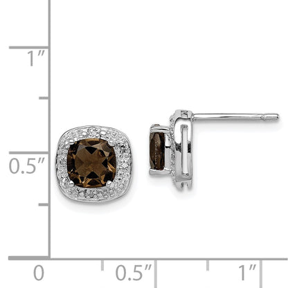 Sterling Silver Rhodium Plated Smoky Quartz And Diamond Post Earrings