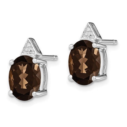 Sterling Silver Rhodium Plated Smoky Quartz And Diamond Post Earrings
