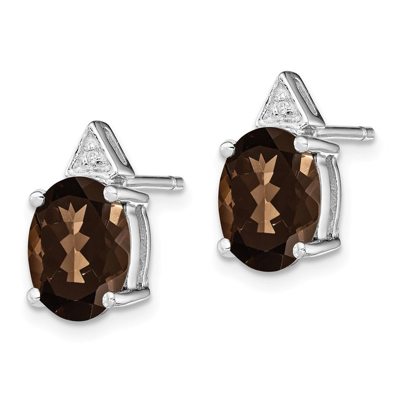 Sterling Silver Rhodium Plated Smoky Quartz And Diamond Post Earrings