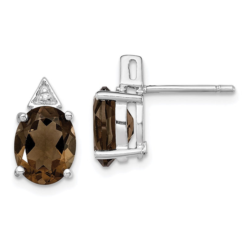 Sterling Silver Rhodium Plated Smoky Quartz And Diamond Post Earrings