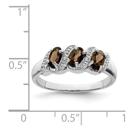 Sterling Silver Rhodium 3 Stone Smoky Quartz & Diamond Ring