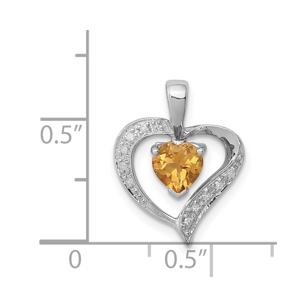 Sterling Silver Rhodium Heart Citrine & Diamond Pendant