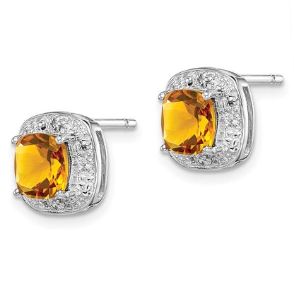 Sterling Silver Rhodium Plated Citrine And Diamond Post Earrings