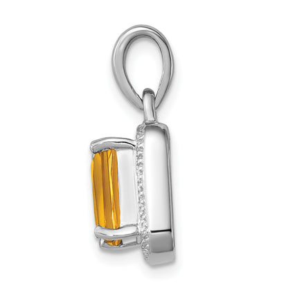 Sterling Silver Rhodium Emerald-Cut Citrine & Diamond Pendant