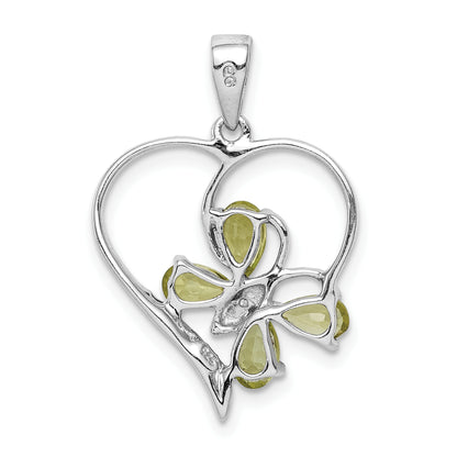Sterling Silver Rh Plated Peridot And Diamond Butterfly Heart Pendant