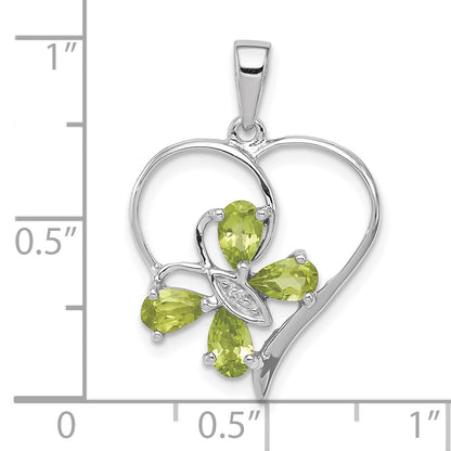 Sterling Silver Rh Plated Peridot And Diamond Butterfly Heart Pendant