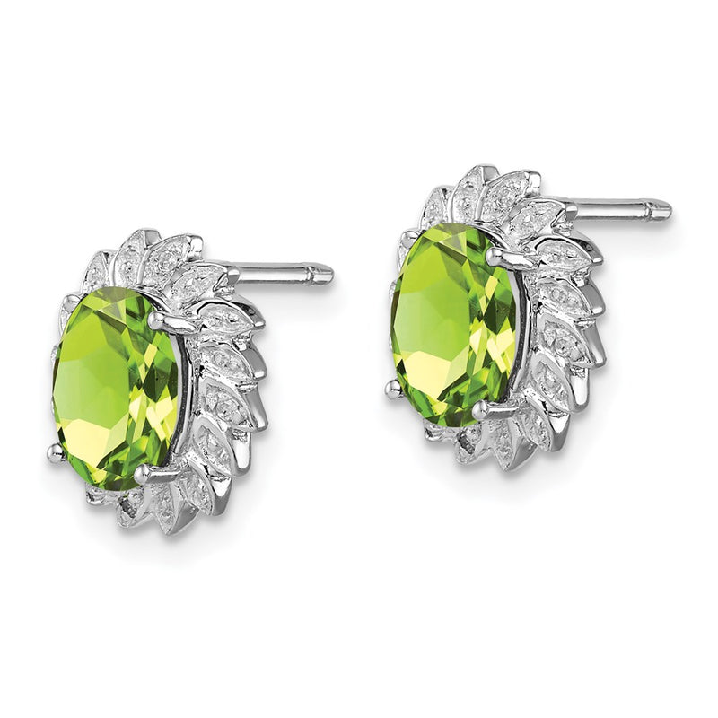Sterling Silver Rhodium-Plated Peridot And Diamond Post Earrings