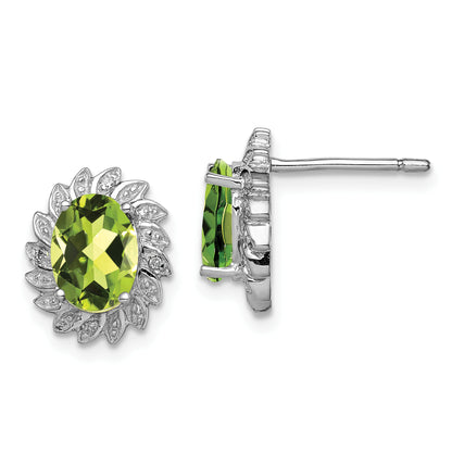 Sterling Silver Rhodium-Plated Peridot And Diamond Post Earrings