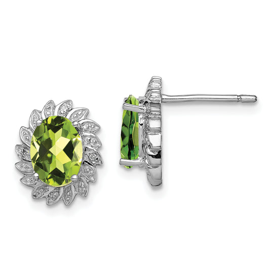 Sterling Silver Rhodium-Plated Peridot And Diamond Post Earrings