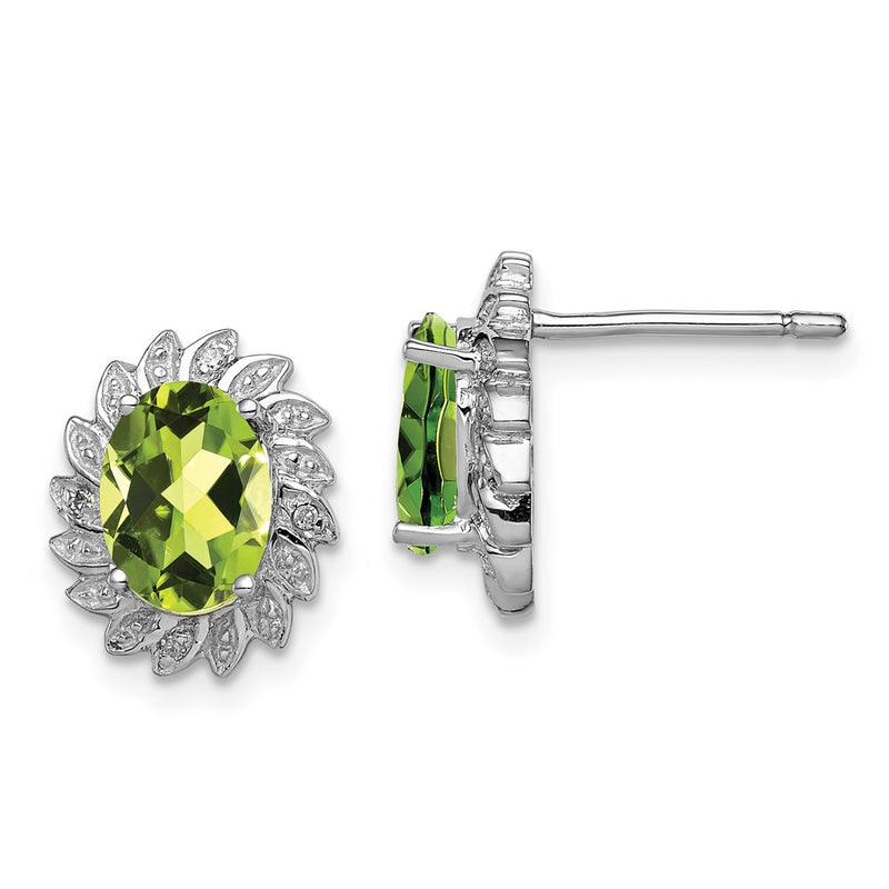 Sterling Silver Rhodium-Plated Peridot And Diamond Post Earrings