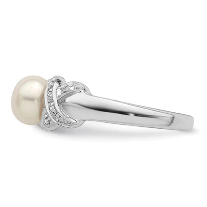 Sterling Silver Rhodium 6mm Fw Cultured Button Pearl Ring