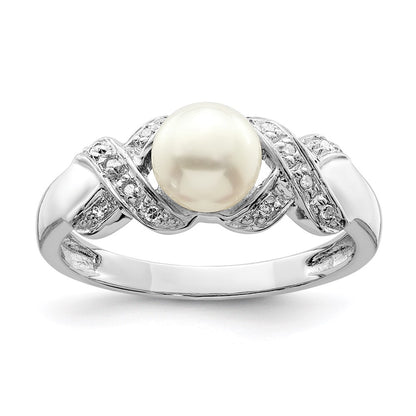 Sterling Silver Rhodium 6mm Fw Cultured Button Pearl Ring