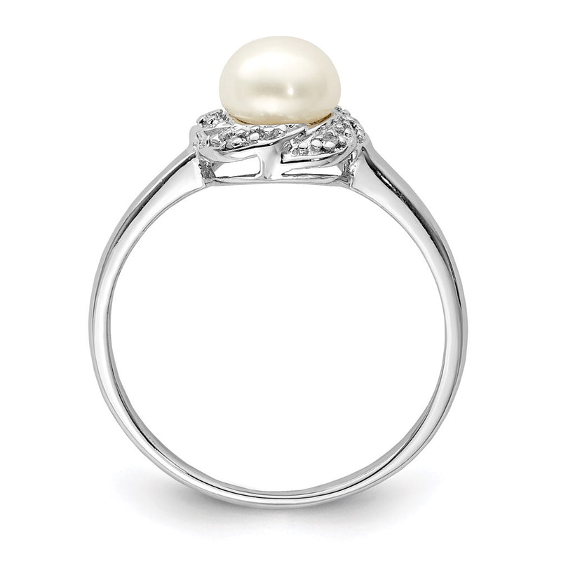 Sterling Silver Rhodium 6mm Fw Cultured Button Pearl & Diamond Ring