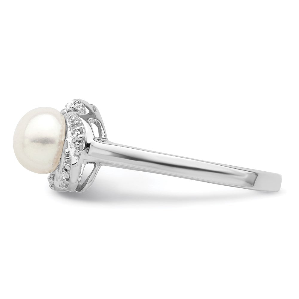 Sterling Silver Rhodium 6mm Fw Cultured Button Pearl & Diamond Ring