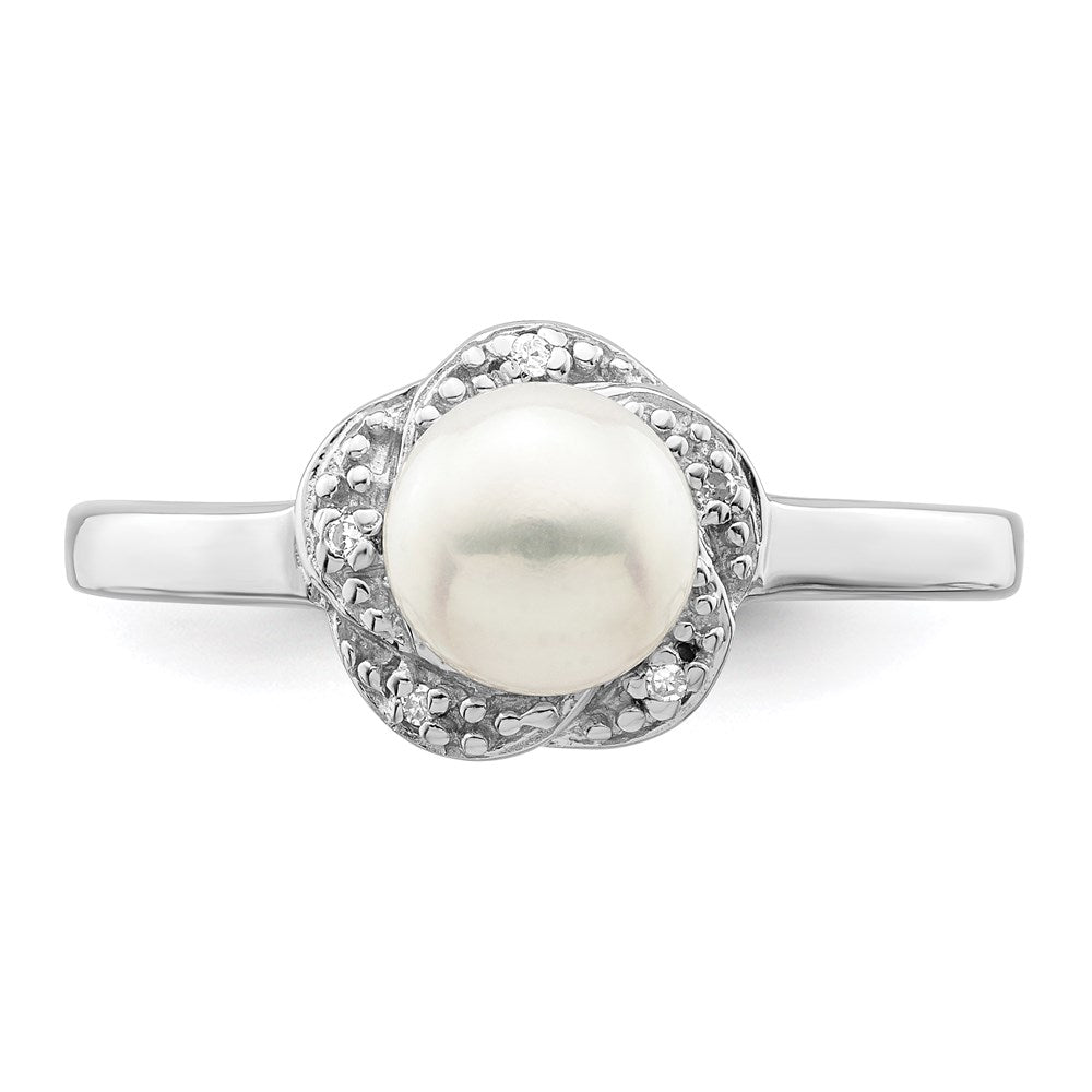 Sterling Silver Rhodium 6mm Fw Cultured Button Pearl & Diamond Ring