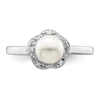 Sterling Silver Rhodium 6mm Fw Cultured Button Pearl & Diamond Ring