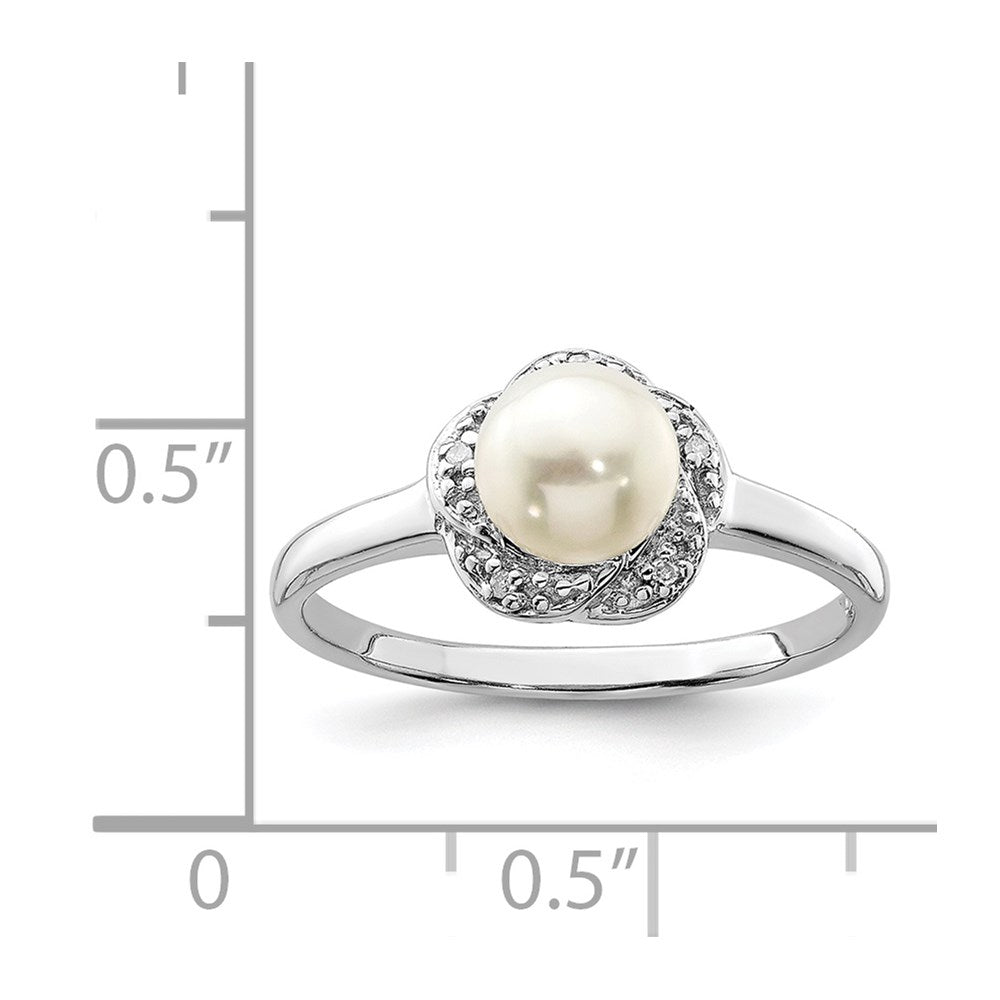 Sterling Silver Rhodium 6mm Fw Cultured Button Pearl & Diamond Ring