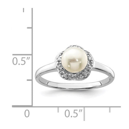 Sterling Silver Rhodium 6mm Fw Cultured Button Pearl & Diamond Ring