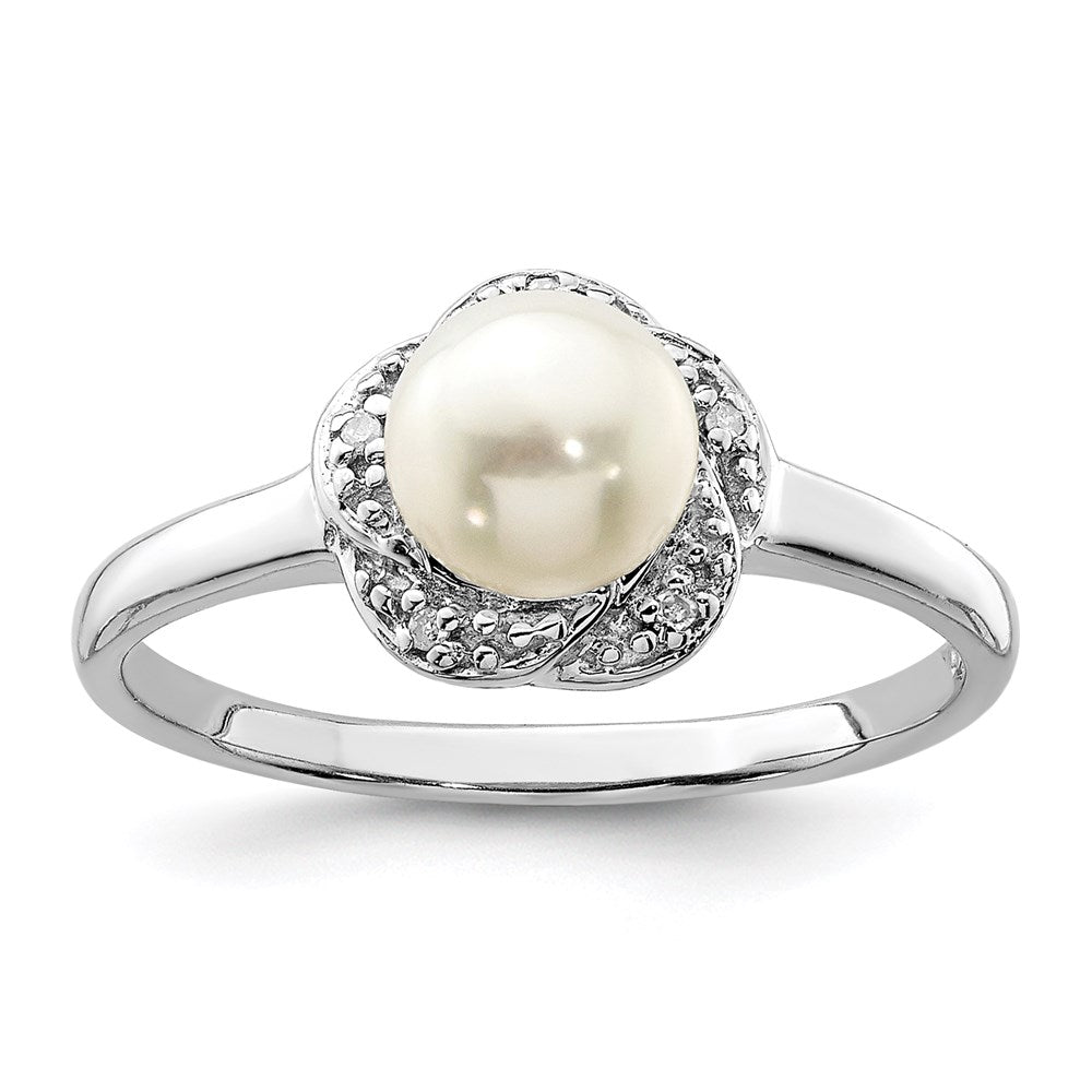 Sterling Silver Rhodium 6mm Fw Cultured Button Pearl & Diamond Ring