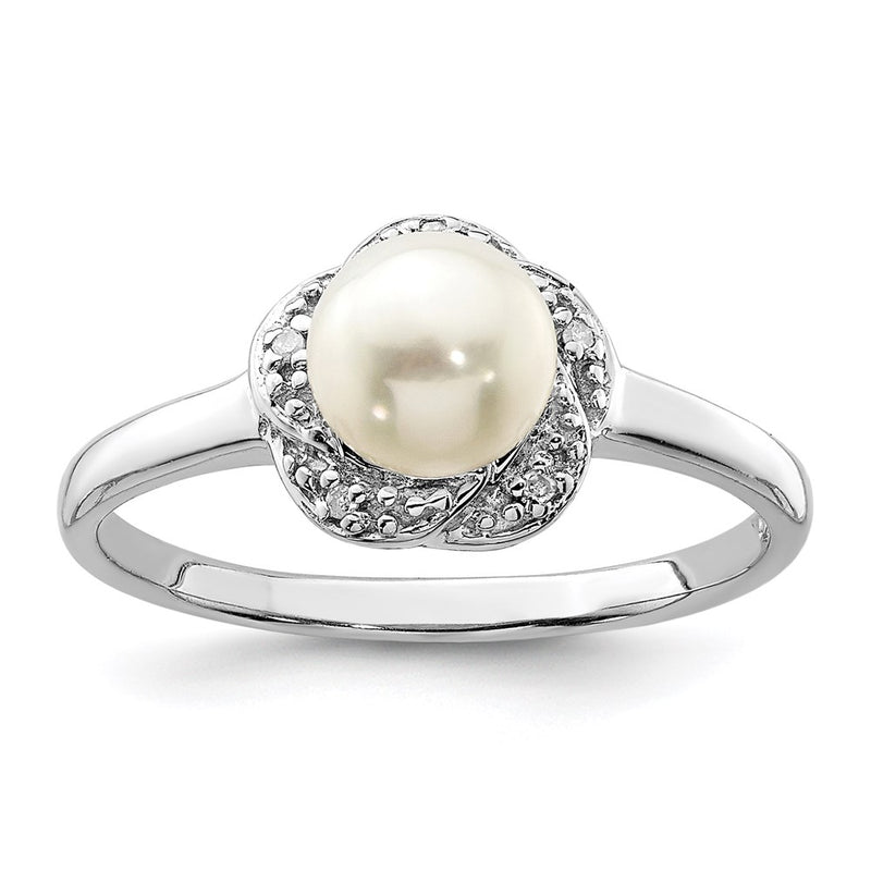 Sterling Silver Rhodium 6mm Fw Cultured Button Pearl & Diamond Ring
