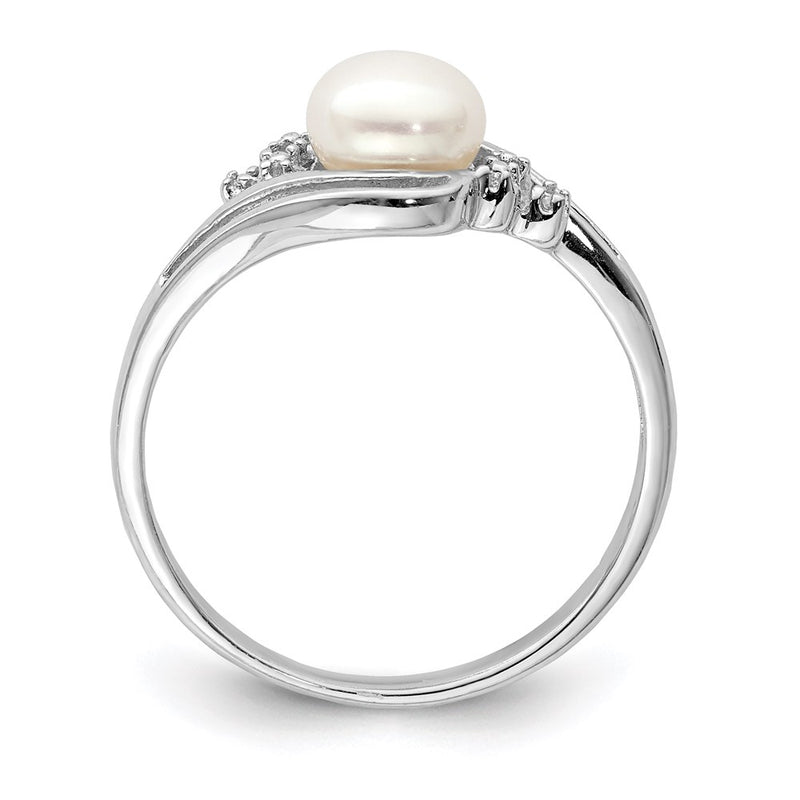 Sterling Silver Rhodium 6mm Fw Cultured Button Pearl & Diamond Ring