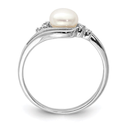 Sterling Silver Rhodium 6mm Fw Cultured Button Pearl & Diamond Ring