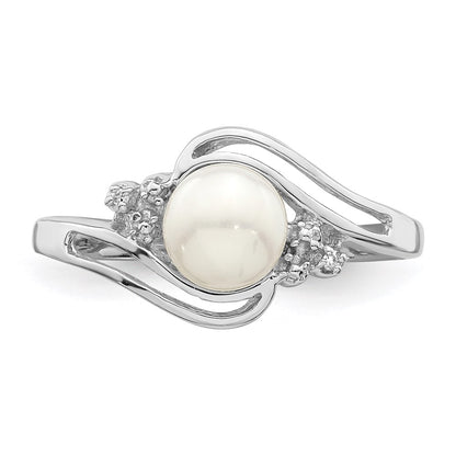 Sterling Silver Rhodium 6mm Fw Cultured Button Pearl & Diamond Ring