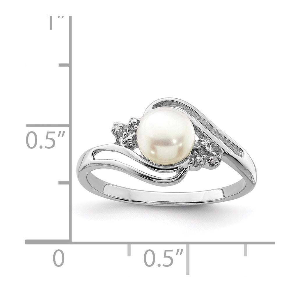 Sterling Silver Rhodium 6mm Fw Cultured Button Pearl & Diamond Ring
