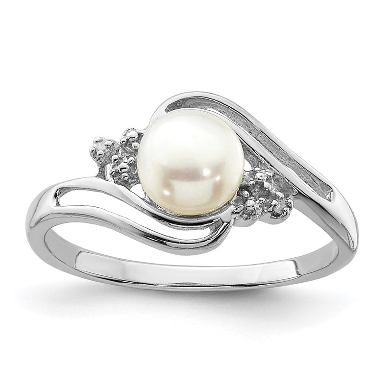 Sterling Silver Rhodium 6mm Fw Cultured Button Pearl & Diamond Ring