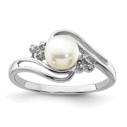 Sterling Silver Rhodium 6mm Fw Cultured Button Pearl & Diamond Ring