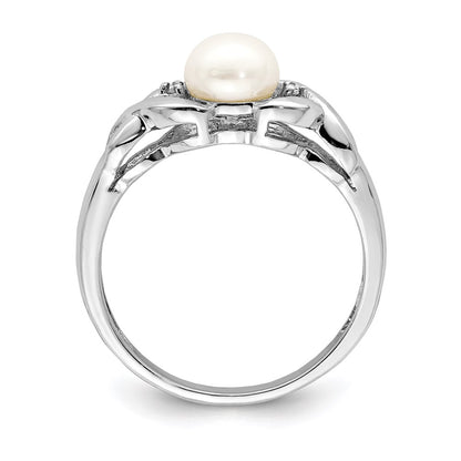 Sterling Silver Rhodium Fw Cultured Button Pearl & Diamond Ring