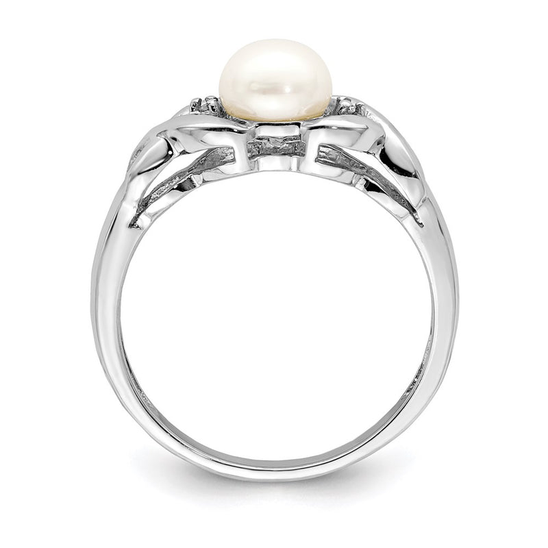 Sterling Silver Rhodium Fw Cultured Button Pearl & Diamond Ring