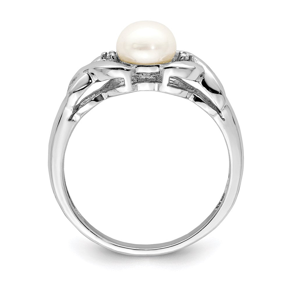 Sterling Silver Rhodium Fw Cultured Button Pearl & Diamond Ring