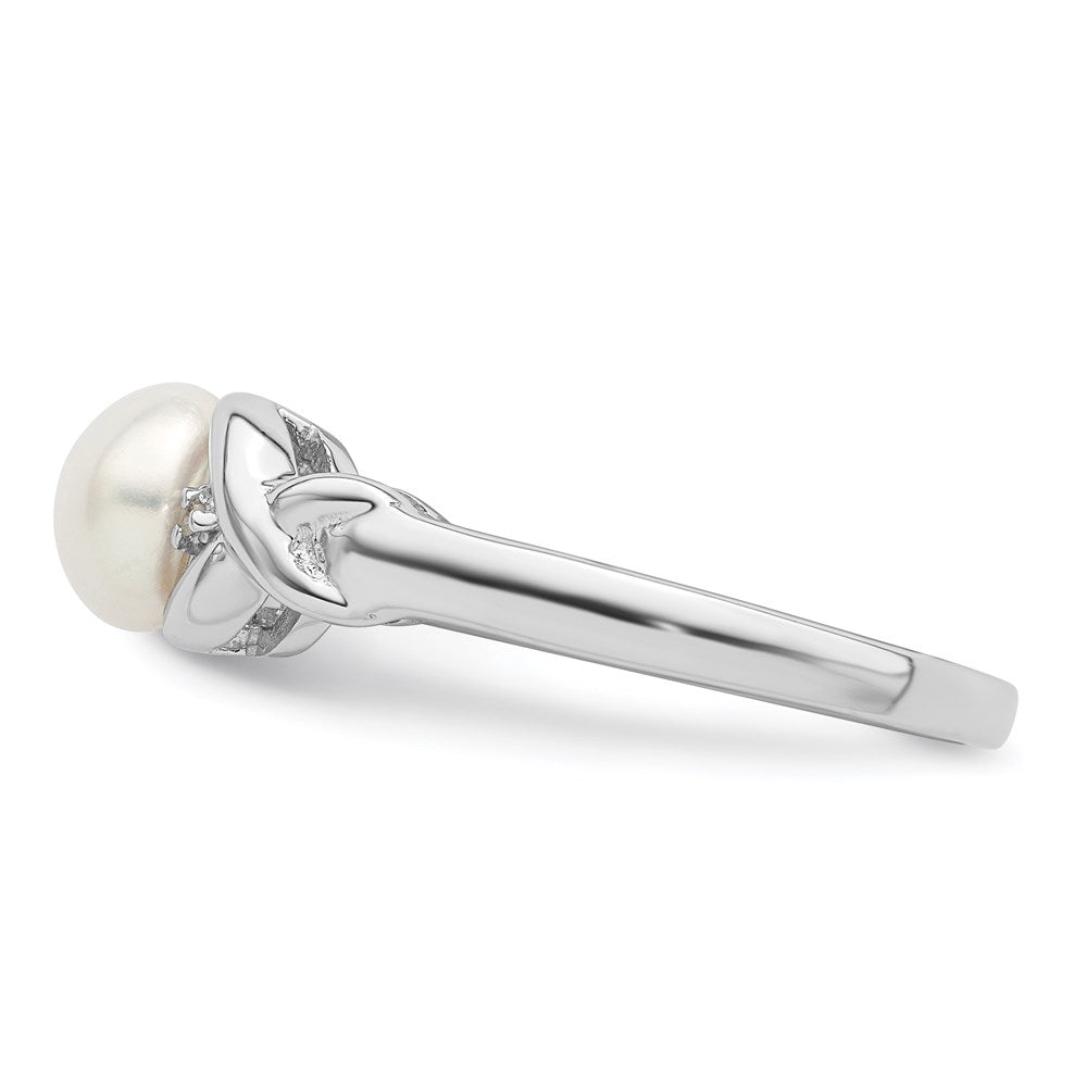 Sterling Silver Rhodium Fw Cultured Button Pearl & Diamond Ring