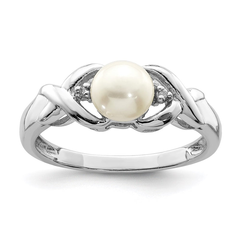 Sterling Silver Rhodium Fw Cultured Button Pearl & Diamond Ring