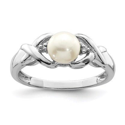 Sterling Silver Rhodium Fw Cultured Button Pearl & Diamond Ring