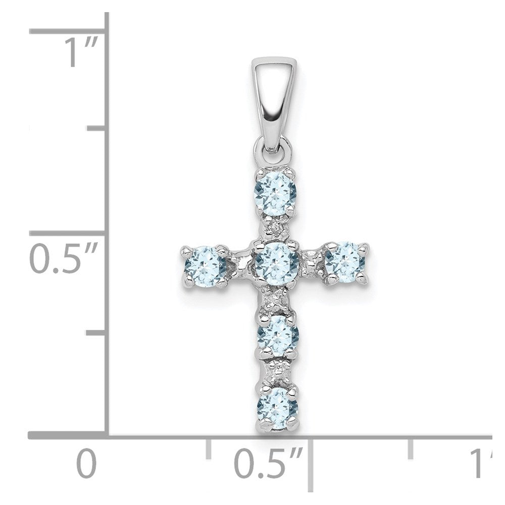 Sterling Silver Rhodium-Plated Aquamarine & Diamond Accent Cross Pendant