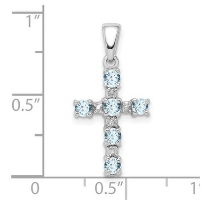 Sterling Silver Rhodium-Plated Aquamarine & Diamond Accent Cross Pendant